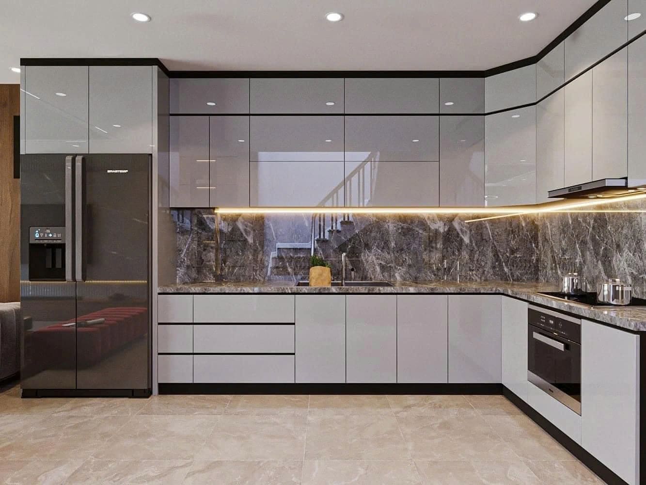 Tủ bếp inox chữ L cánh Acrylic Tủ bếp inox chữ L cánh Acrylic