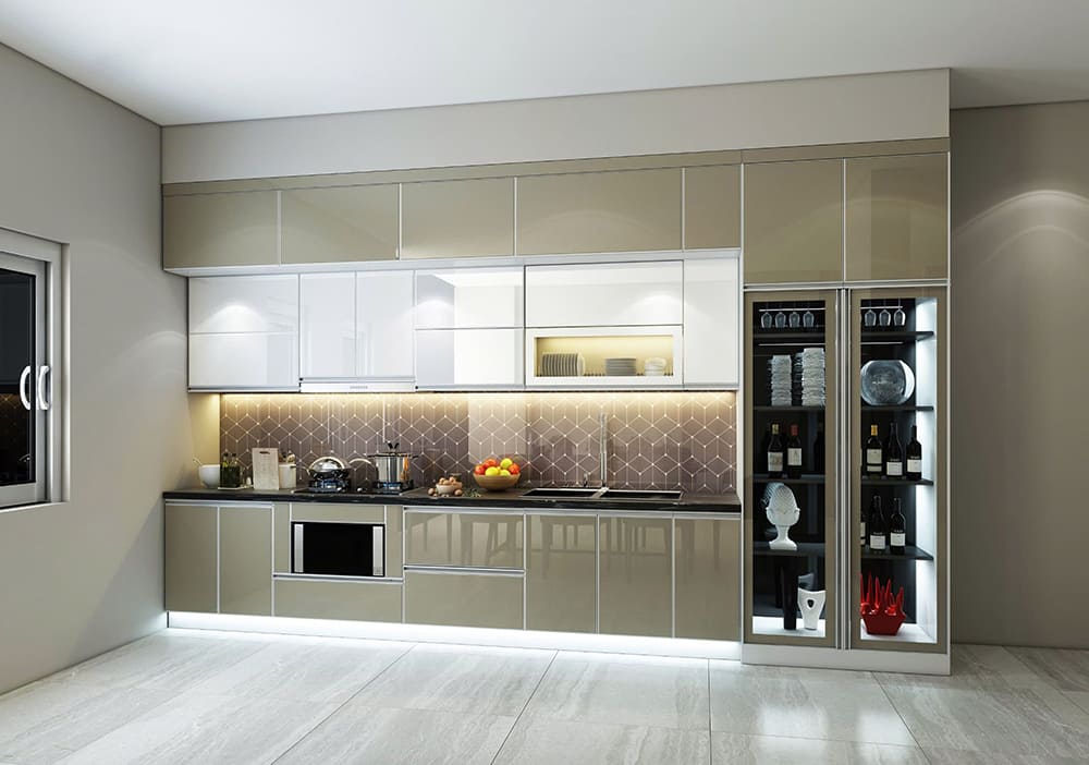 Mẫu tủ bếp inox chữ I cánh kính cường lực Mẫu tủ bếp inox chữ I cánh kính cường lực