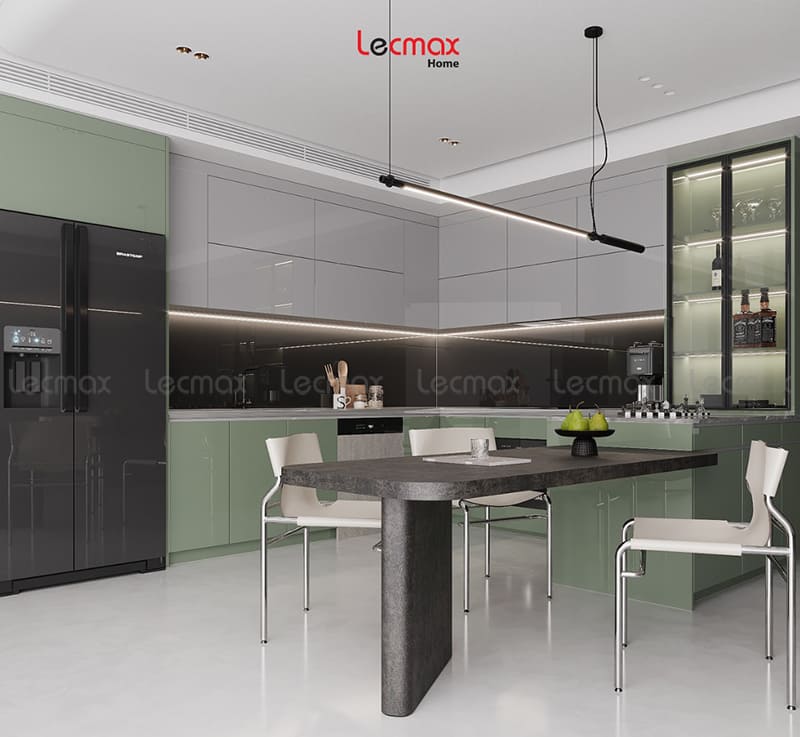 Mẫu tủ bếp inox cánh kính chữ U