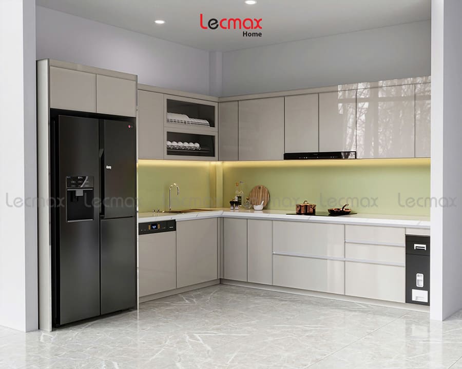 Mẫu tủ bếp inox cánh kính chữ L