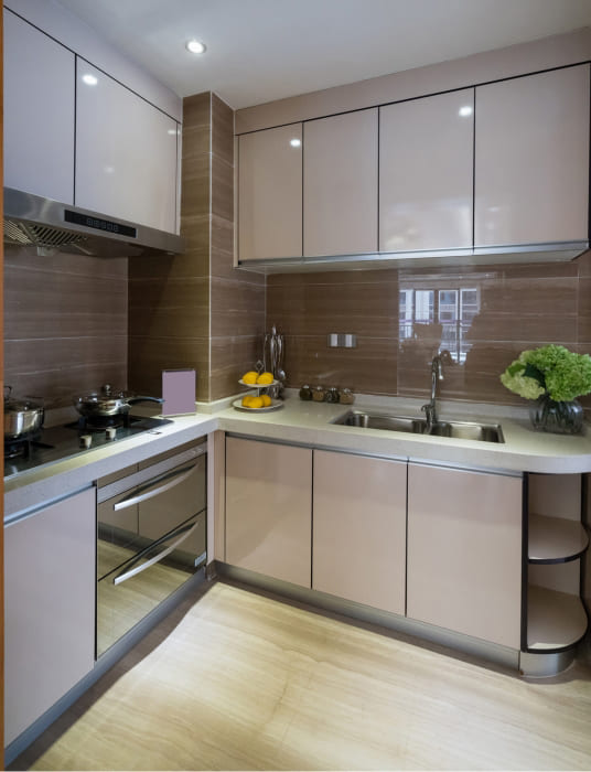Tủ bếp chữ L cánh kính cường lực Tủ bếp chữ L cánh kính cường lực