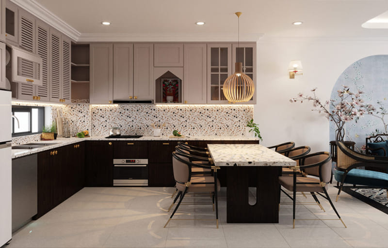 Tủ bếp chữ L nhà phố phong cách Indochine