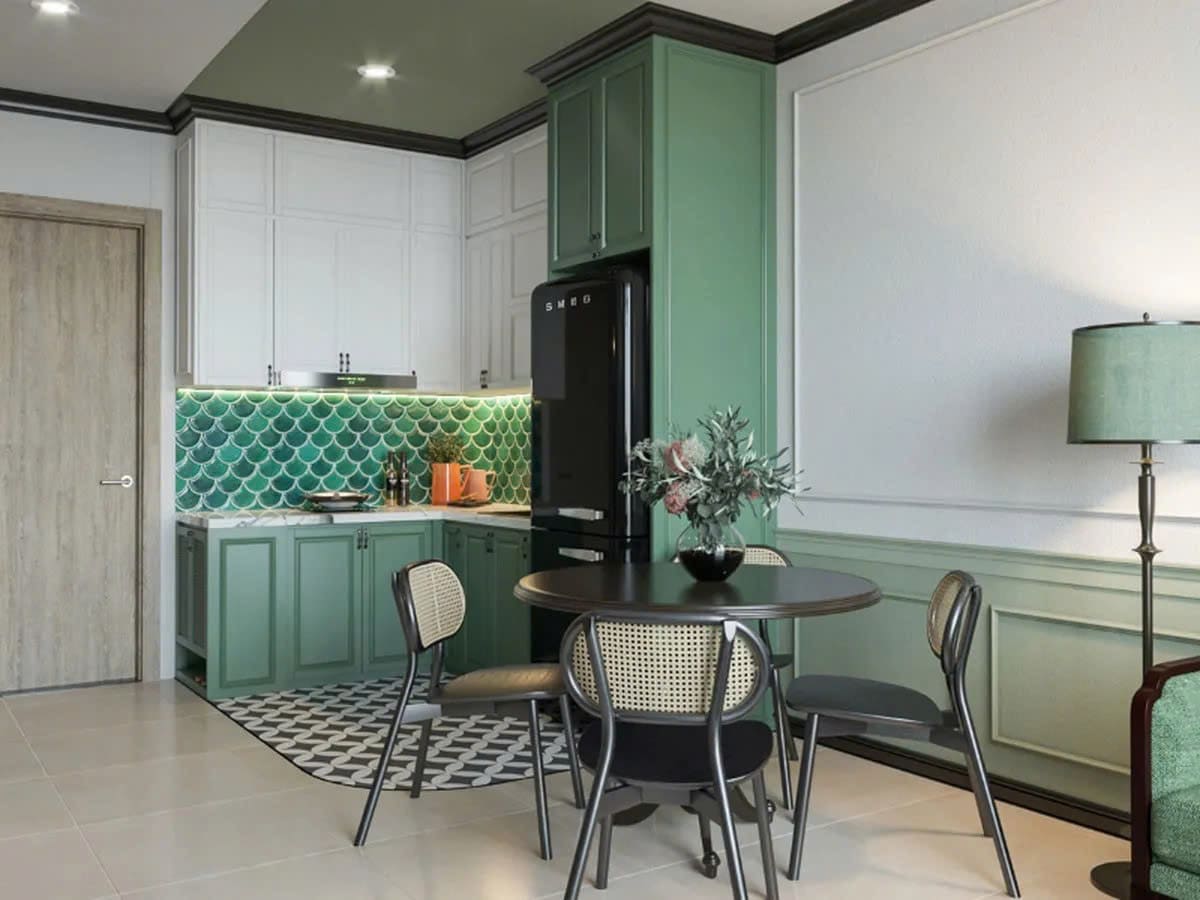 Thiết Kế Phòng Bếp Indochine Tone Xanh
