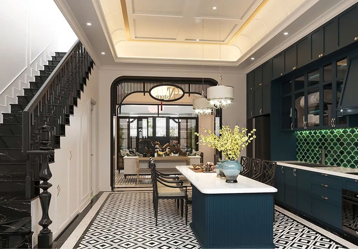 Mẫu tủ bếp chữ I phong cách Indochine tone xanh