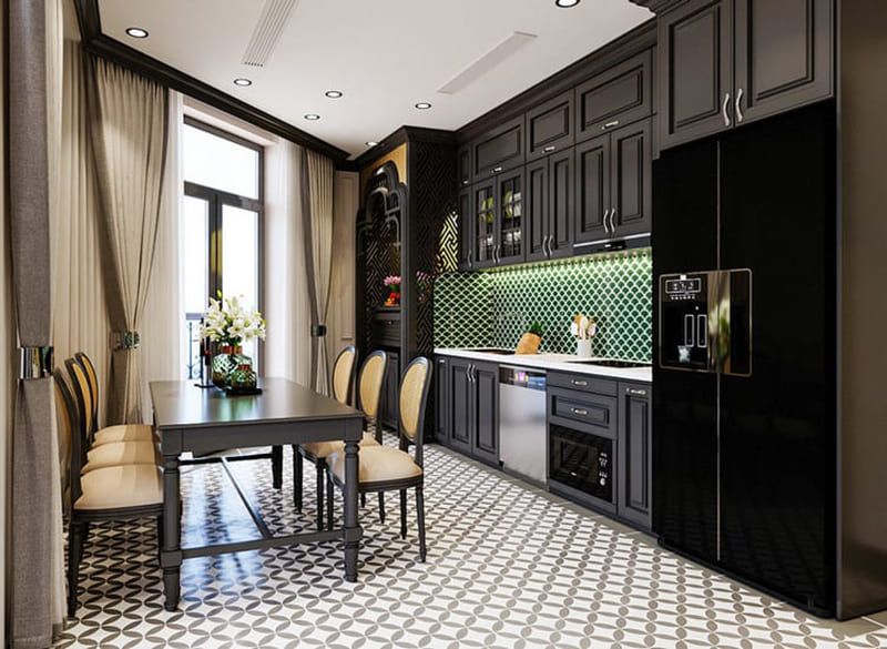 Mẫu phòng bếp Indochine tone xanh chữ I