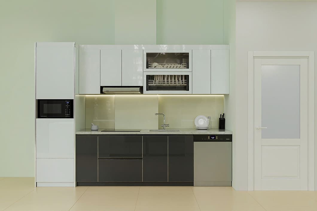 Mẫu tủ bếp inox cánh kính chữ I cho nhà nhỏ Mẫu tủ bếp inox cánh kính chữ I cho nhà nhỏ