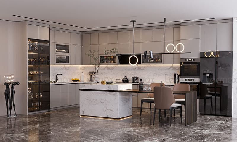 Mẫu tủ bếp cánh Acrylic kết hợp bàn đảo bếp