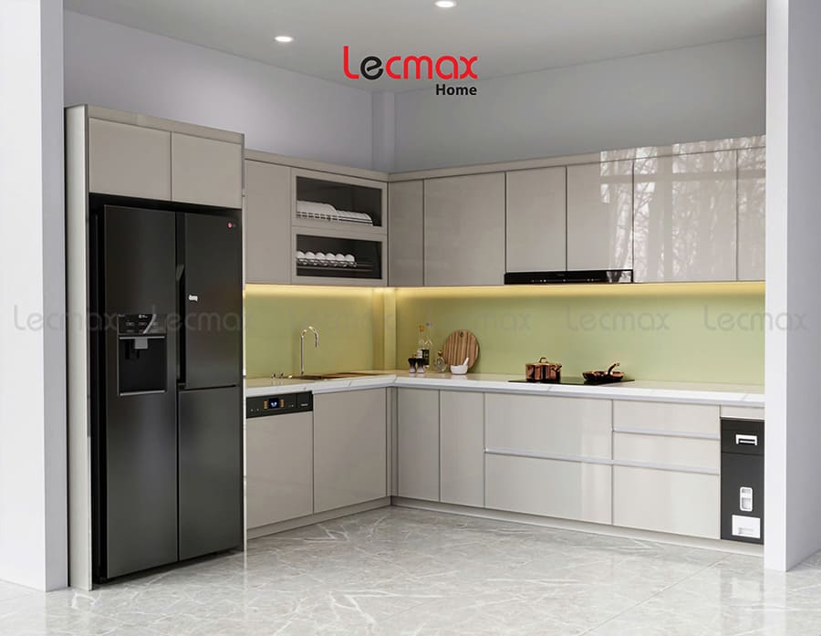 Mẫu tủ bếp inox 304 chữ L cánh kính