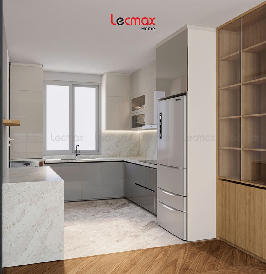 Mẫu tủ bếp inox 304 chữ U có cửa sổ