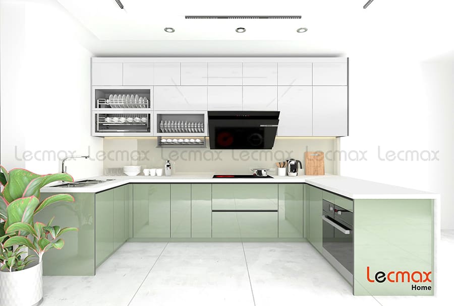 Mẫu tủ bếp inox 304 chữ U cánh kính