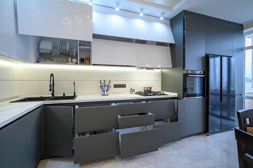 Tủ bếp inox cánh Acrylic cho chung cư